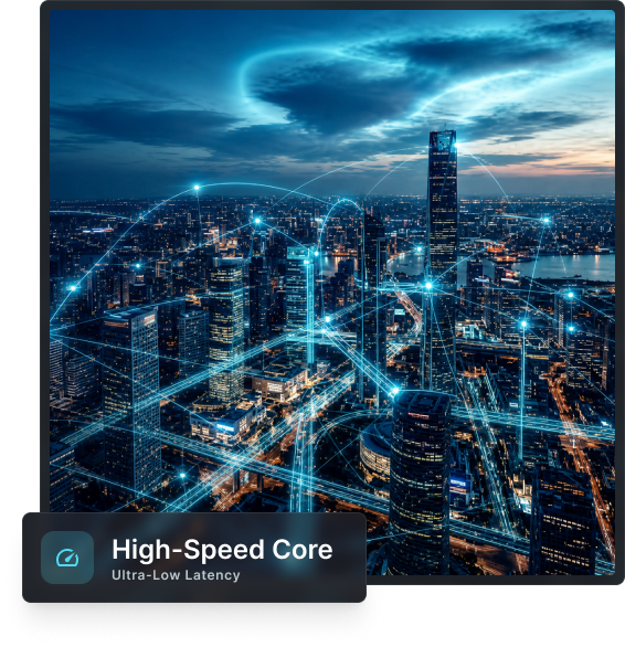High-speed 5G network connectivity over a modern city at night