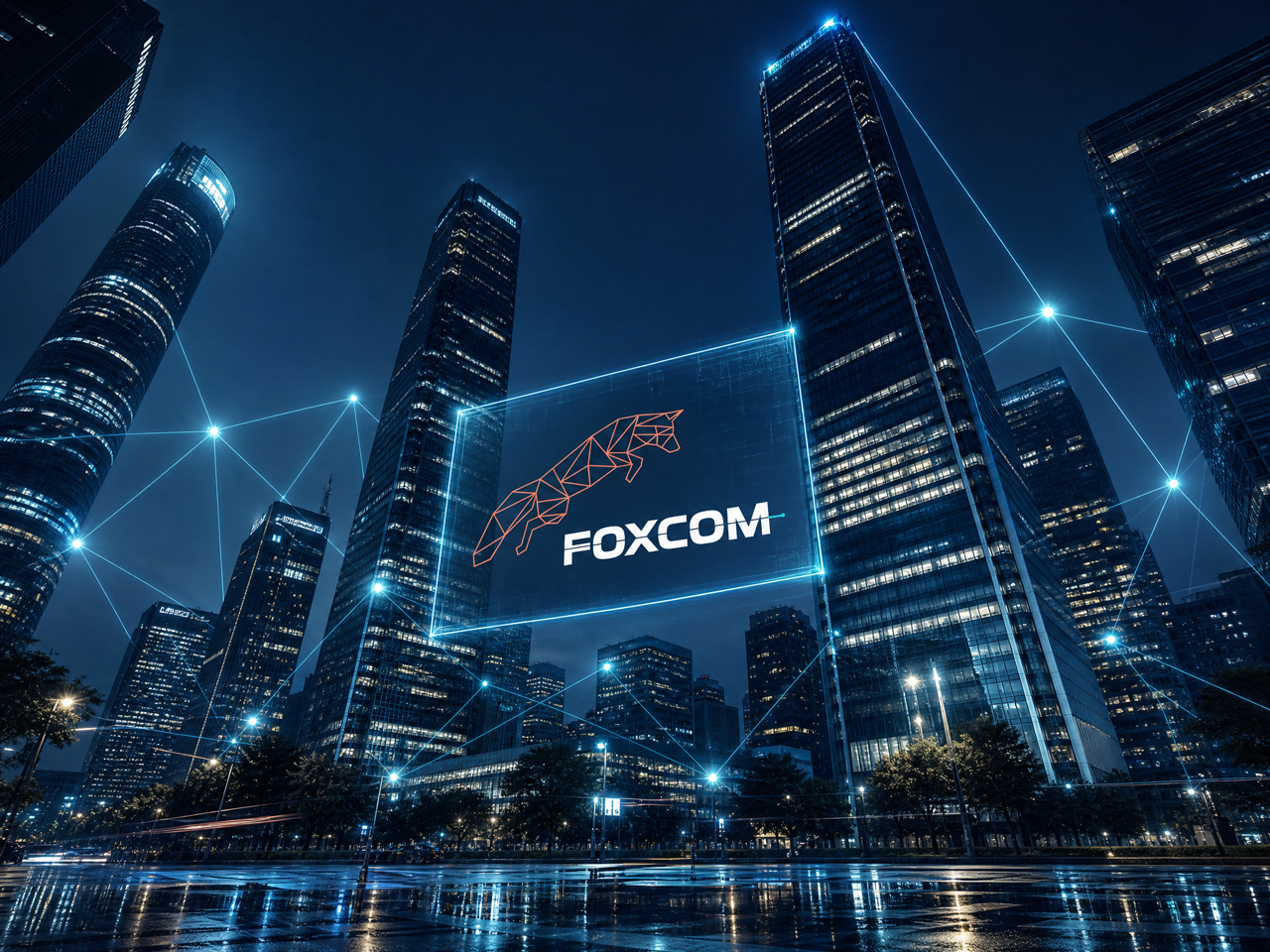 FOXCOM branding projected on city buildings — a symbol of connected infrastructure