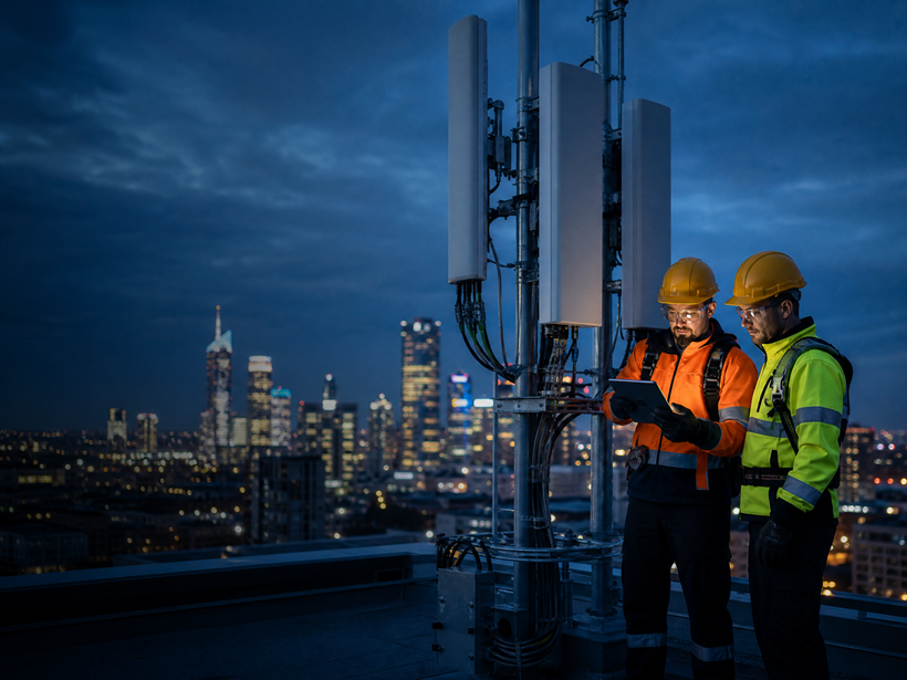Two FOXCOM field engineers reviewing network diagnostics on a rooftop at night